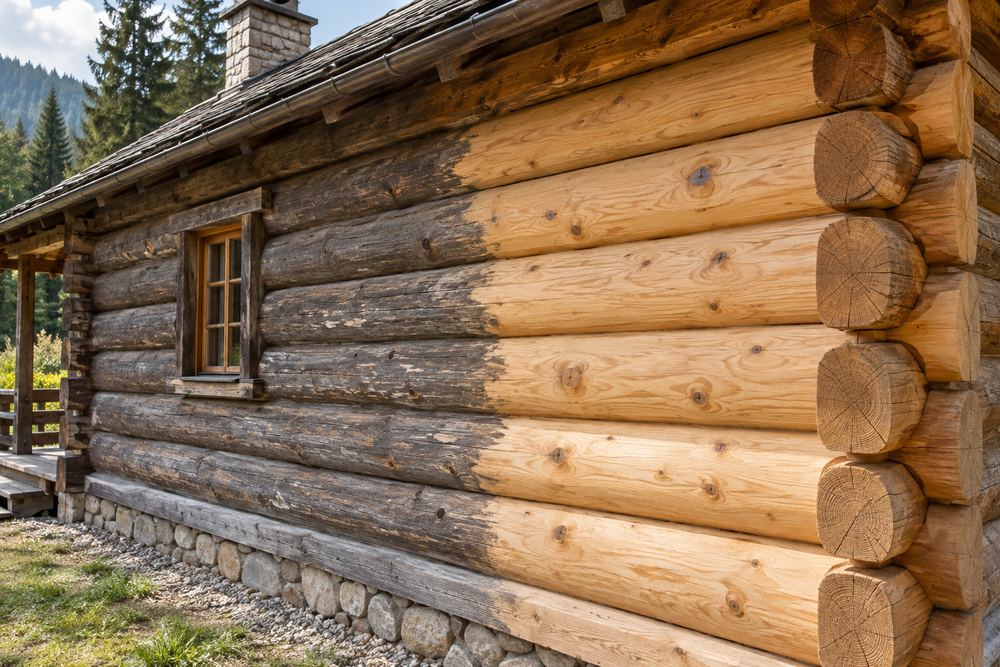 Pieskovanie drevenej zrubovej chaty — pred a po